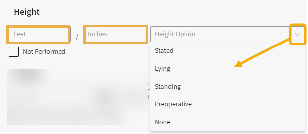 Height section with yellow highlight boxes around the feet and inches boxes as well as a yellow highlight box around the drop down arrow menu with a yellow arrow pointing the menu options.